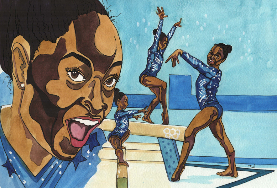 Painterly expression of talented athlete Simone Biles, with additional version in a perhaps more geometric and linear style.