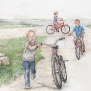 Color pencil sketch of little boy running aside bike before learning to ride.