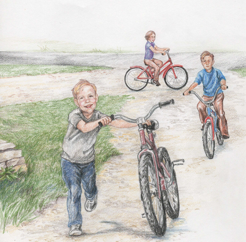 Color pencil sketch of little boy running aside bike before learning to ride.
